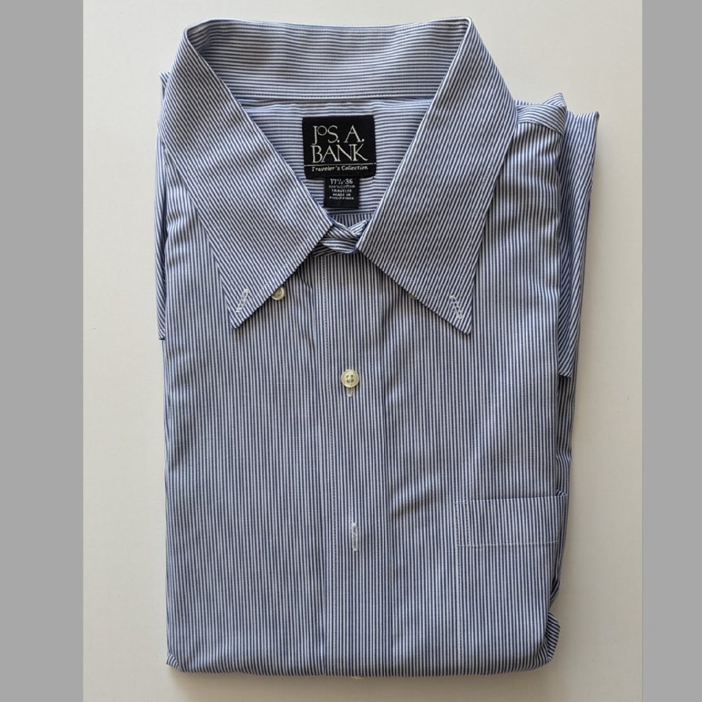 Jos A Bank Men's long sleeved dress shirt Navy/White pinstripe SZ 17.5 - 36